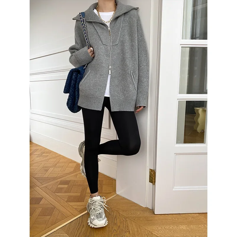 Double zipper lazy feeling fashionable large version loose profile lapel knitted cardigan sweater