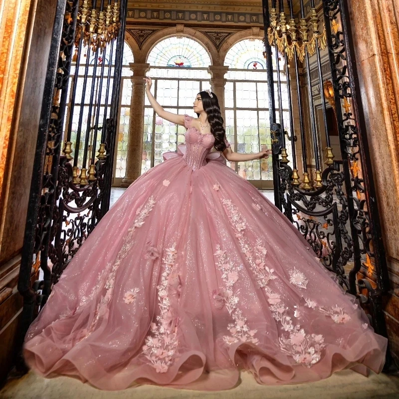 Luxury Pink Shiny Quinceanera Dress Off Shoulder Applique Flower Beads Tull Vestidos 15 De XV Años XV Brithday Sweet 16 Dress