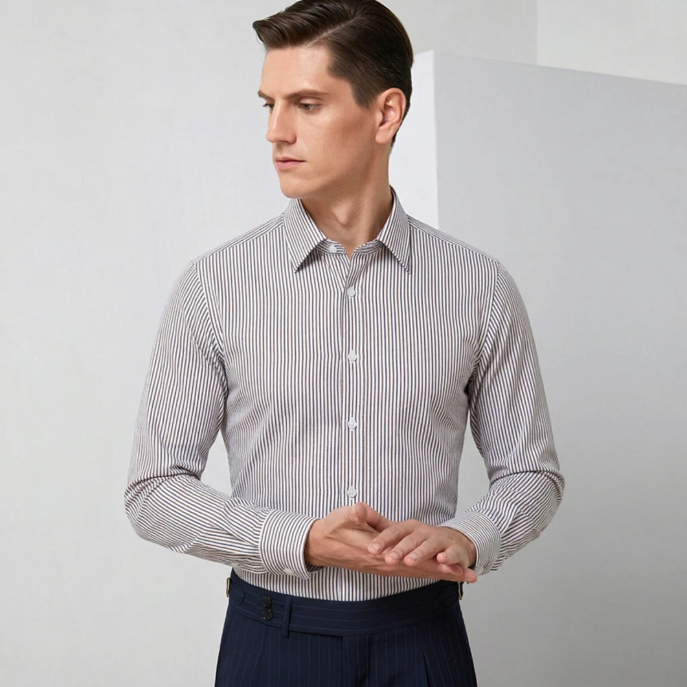 

Men's Wrinkle-Free Long Sleeve Striped Formal Shirts, Hidden Buttons Spread Collar 100% Cotton Regular Fit Business Dress Shirt