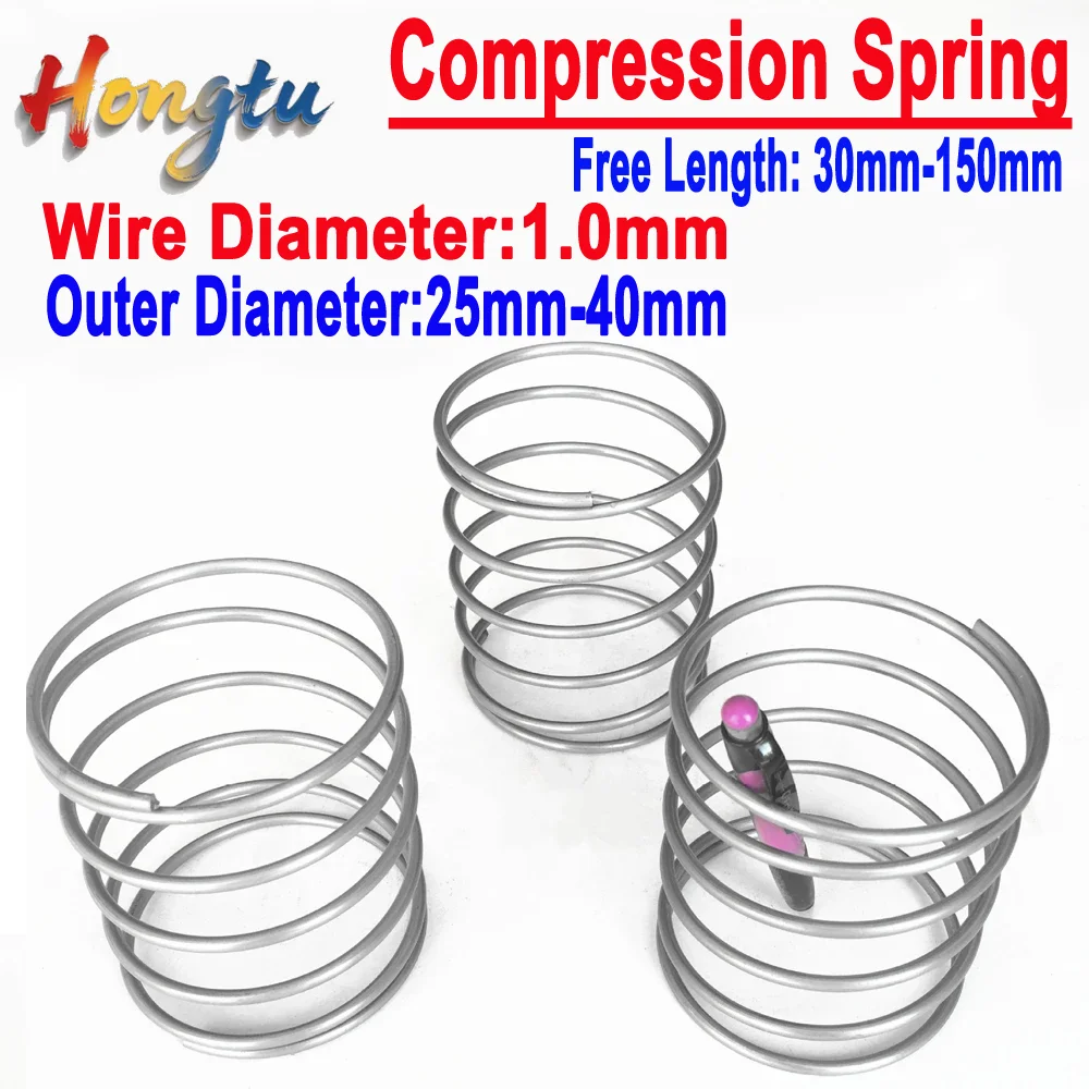 Hongtu 3Pcs Wire Diameter 1mm SUS304 Stainless Steel Large Diameter Compression Spring OD=25mm~40mm Free Length 30mm ~ 150mm
