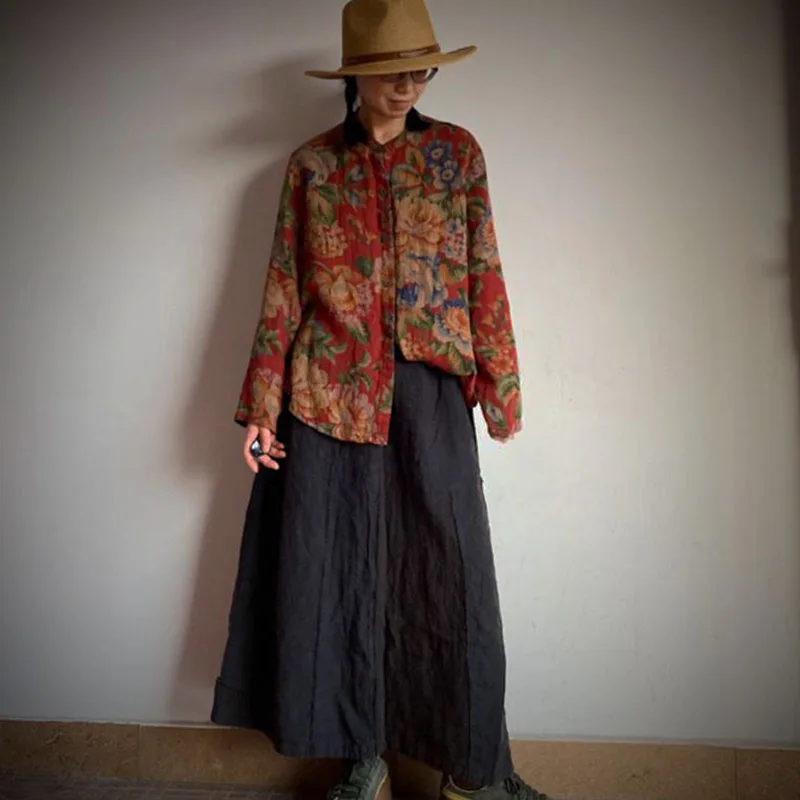 

Spring Summer Cotton Art Printed Long Sleeve Big Shirt Ladies Small Lapel Button Casual Cardigan Loose Comfort Top Short Coat
