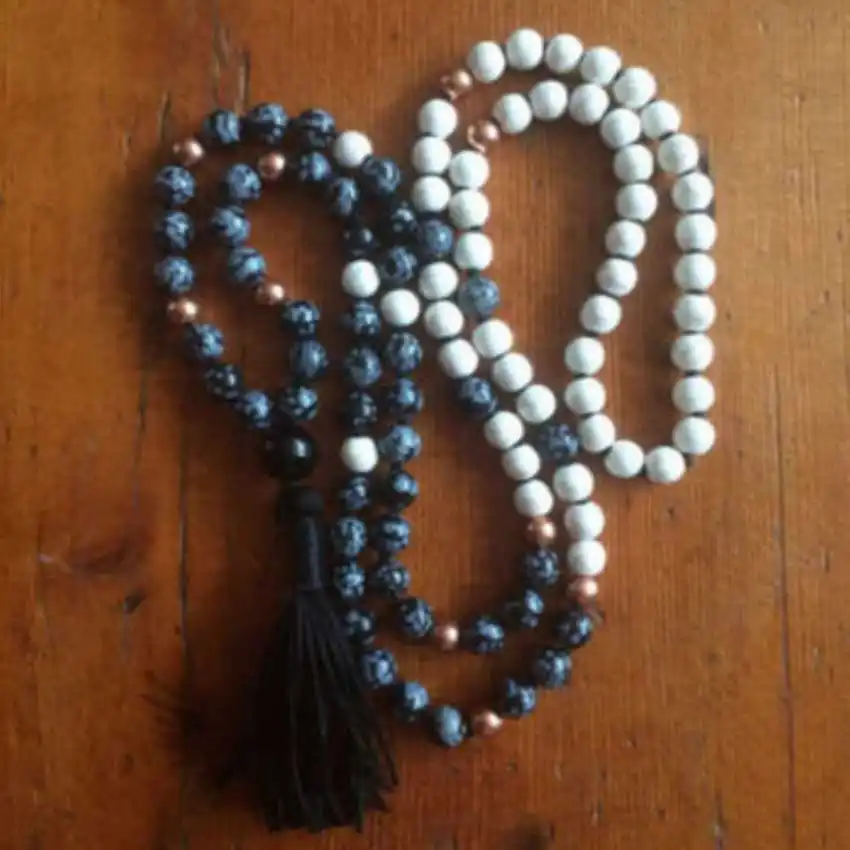 8mm Natural 108 knot alabaster white Metal Beads tassels necklace Wood Opera length Relief Fashion Couples Spiritual Mala Yoga