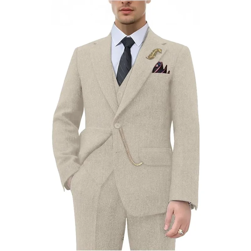 

Retro Tweed Men Suit 3 Piece Single-breastHerringbone Slim Fit Suits Wedding Tuxedos Set Prom Jacket Blazers Vest Pants for Mens