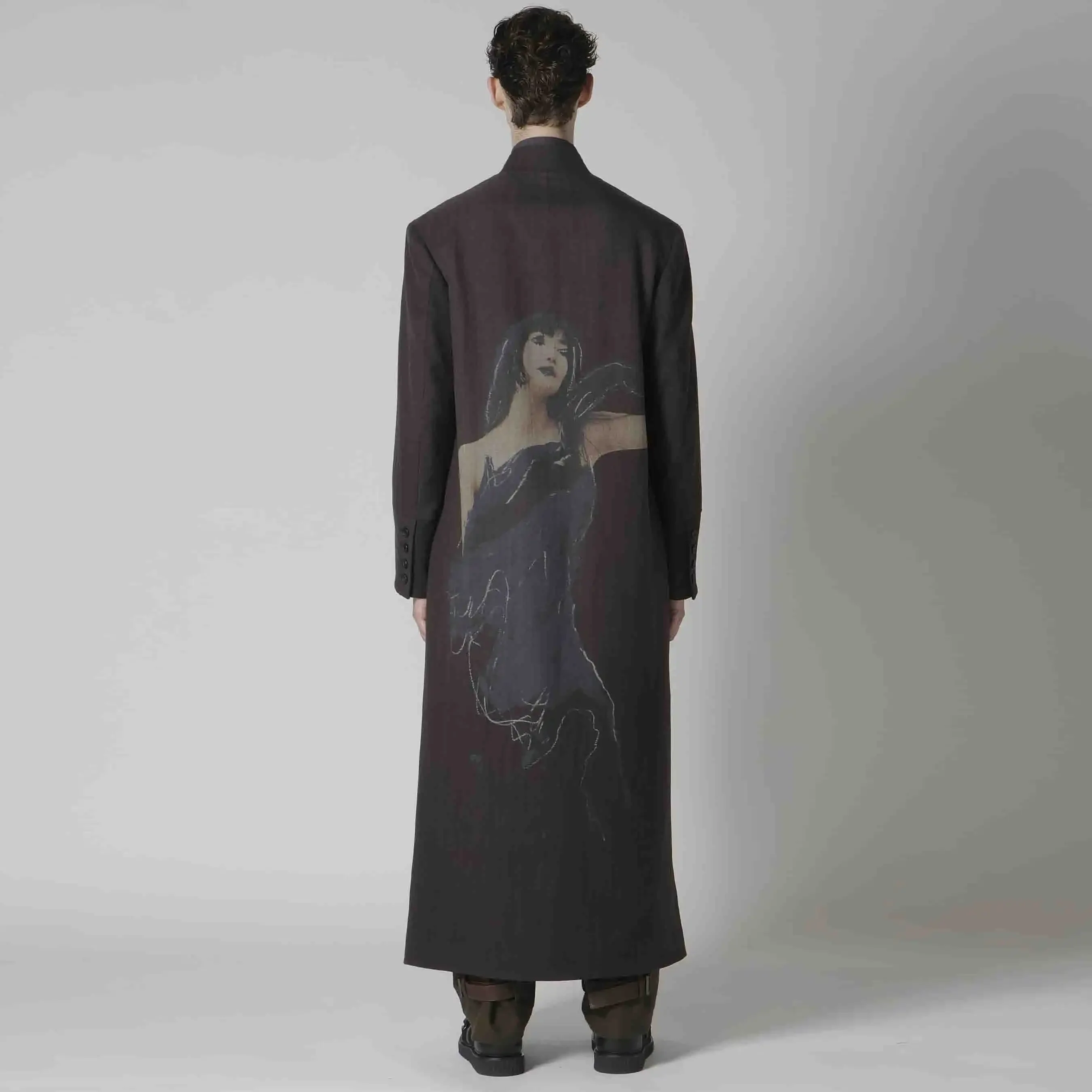 

YOJI OOAK японский плащ оригинального дизайна, портрет с принтом на спине, шерстяное длинное пальто, мужское пальто