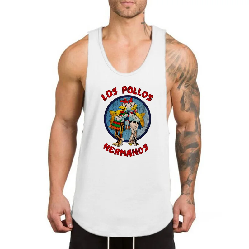 LOS POLLOS Hermanos Funny Printed Fitness Tank Tops Mens Bodybuilding Sport Sleeveless Shirt Cotton Breathable Gym Running Vests