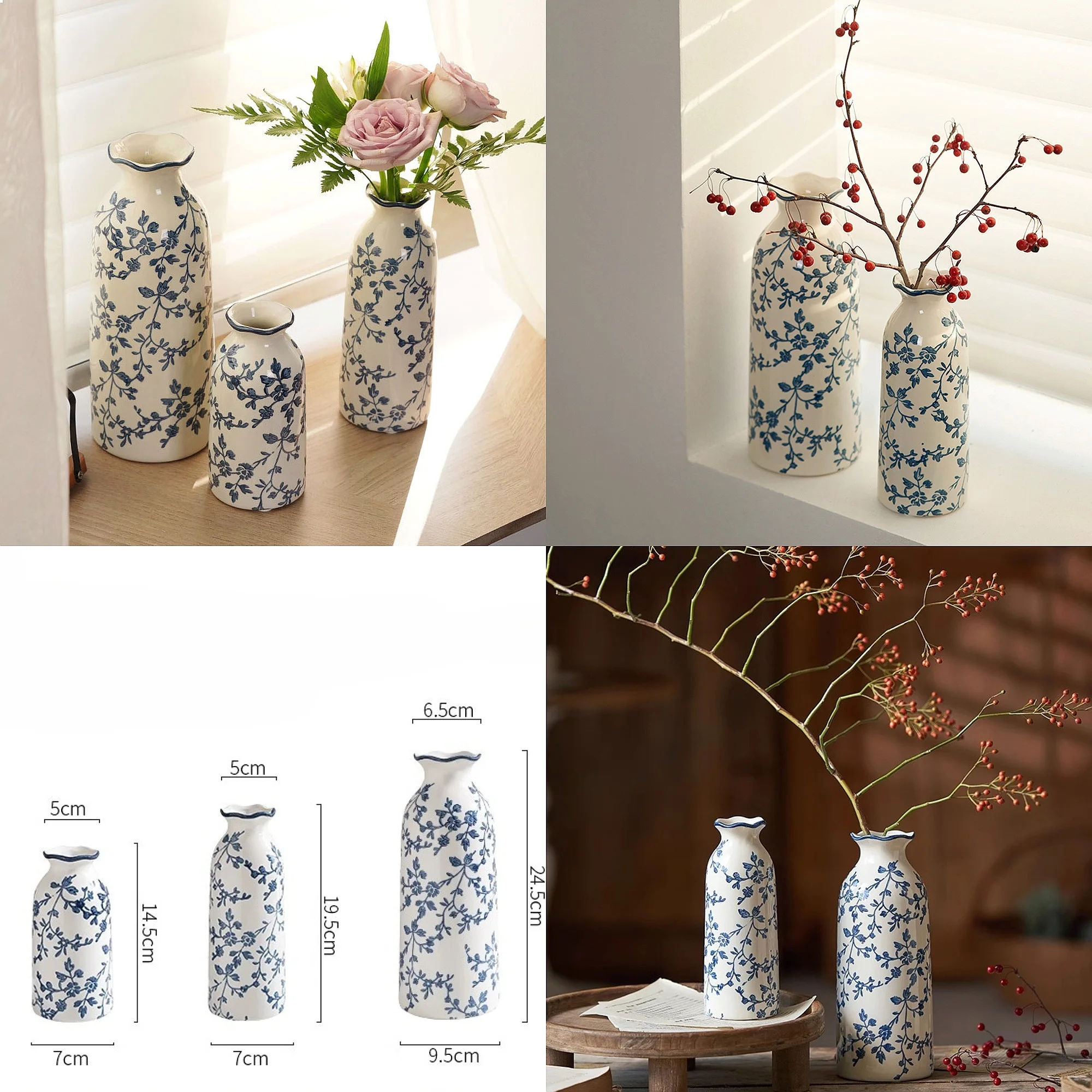 Vintage Ceramics Vases Ornaments Blue and White Porcelain Living Room Decoration Dried Flower Crafts Study Rooms Home Decorative