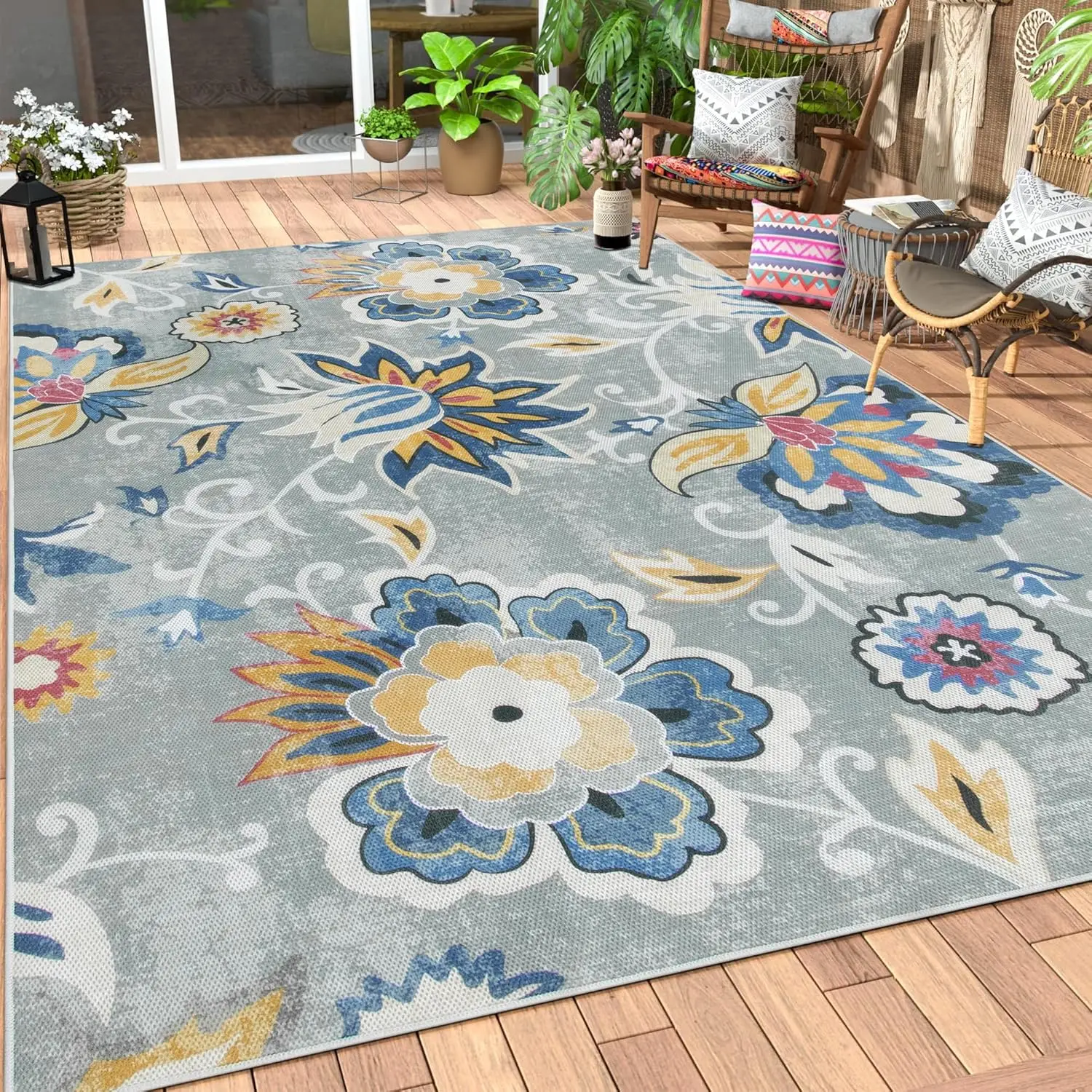 

Floral Indoor Outdoor Rugs, 6x9ft Non Slip Outdoor Patio Rug for Balcony Deck, Soft Outdoor Area Rug for Camping PicnicBackya