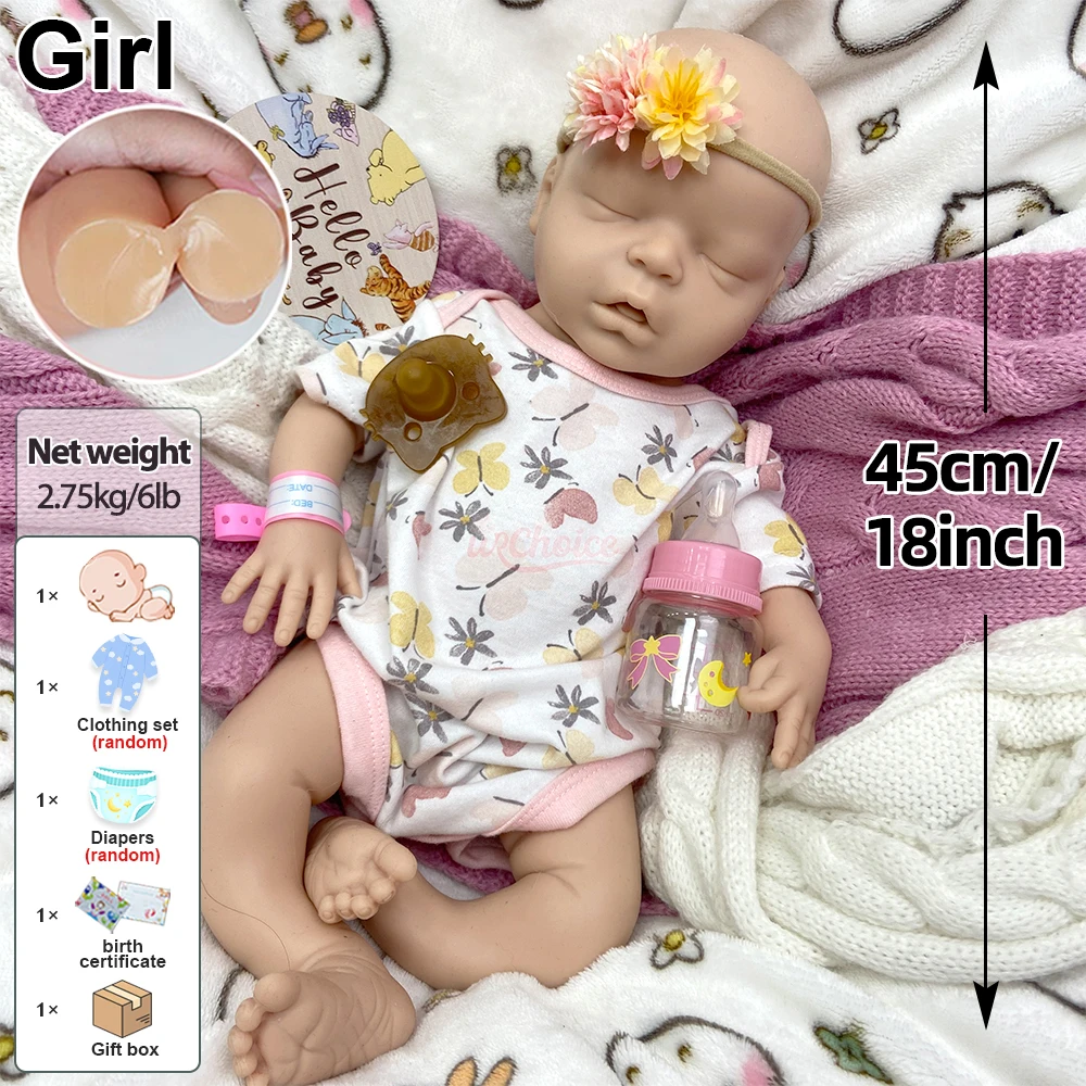 Cuerpo completo de silicona renacido bebé niña 45cm toque suave realista pesado compañero recién nacido muñeca para los futuros padres