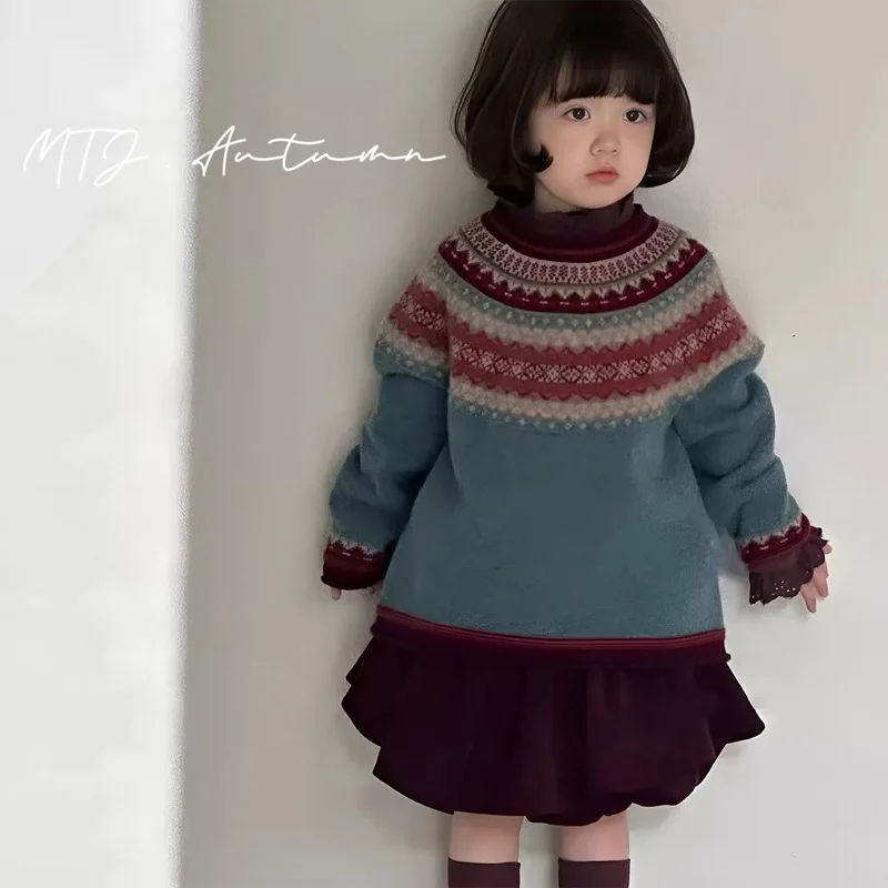 

2025 зимний новый детский свитер для девочек, винтажный вязаный пуловер, детские теплые топы с длинными рукавами, повседневный трикотаж для мальчиков, детская одежда