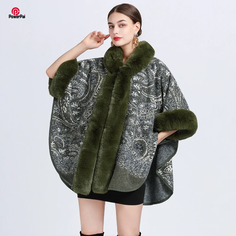 Warm Soft Faux Rex Rabbit Fur Coat Cape Hooded Jacquard Wool Blends Cloak Bat Sleeves Women Winter Loose Outwear Overcoat