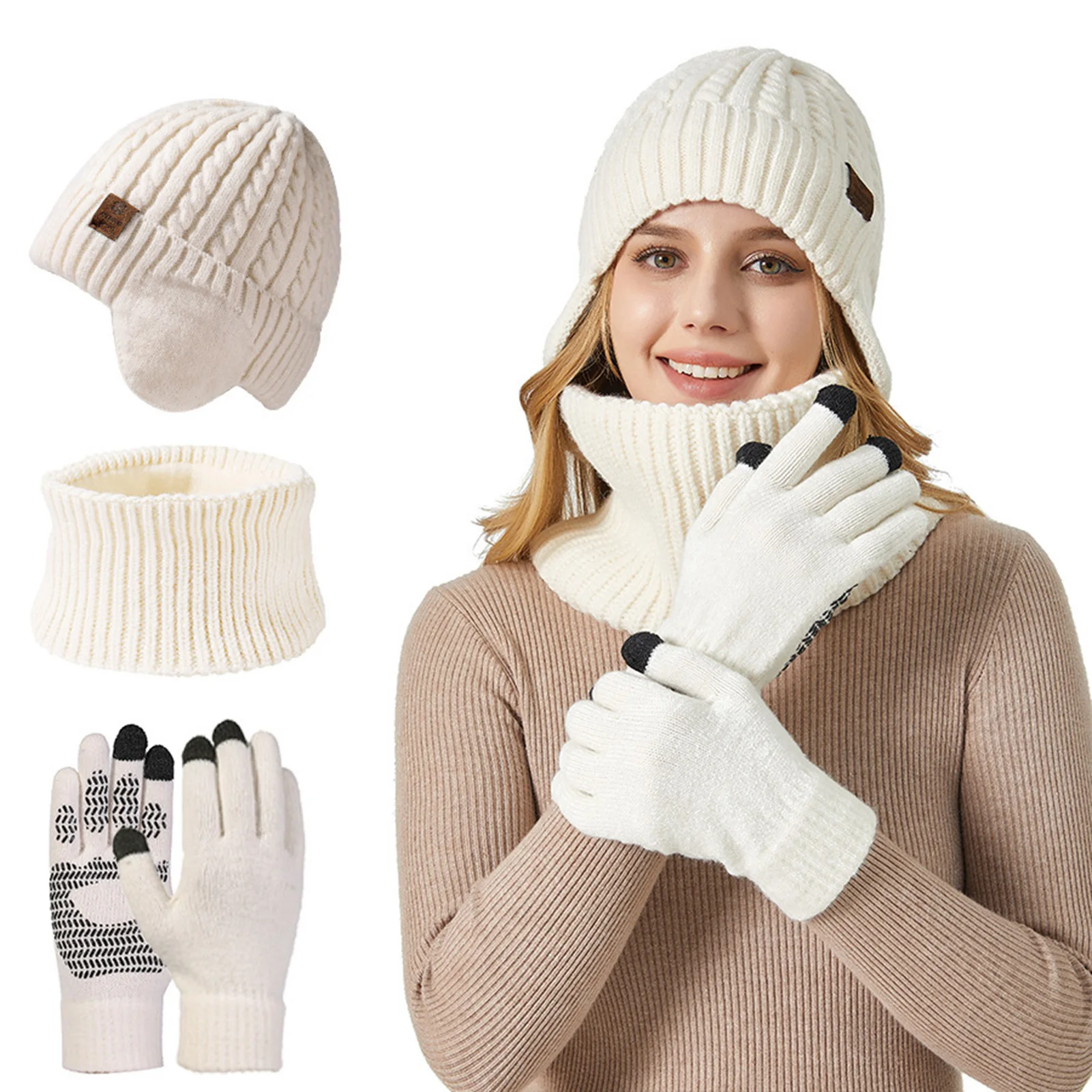 Gorro de punto cálido, bufanda para el cuello, conjuntos de guantes, gorro holgado de punto, calentador de cuello, bufandas táctiles para mensajes de texto, guante para hombres y mujeres