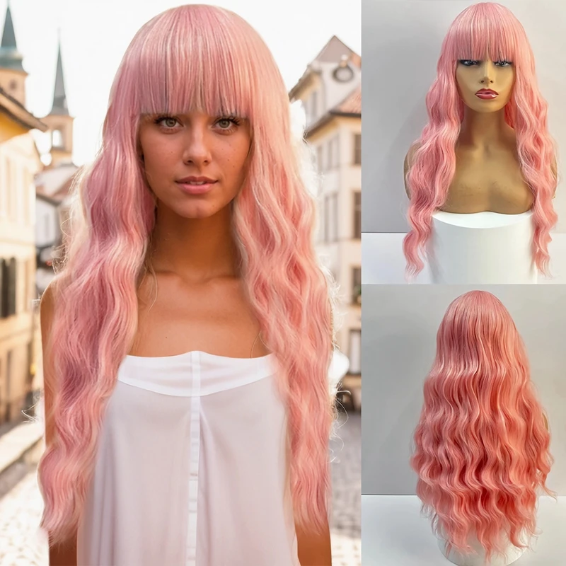 WIND FLYING Pink Wigs Curly Wigs For Anime Cosplay Women Long Wigs With Bangs Pink For Party Wigs Halloween Party Durable