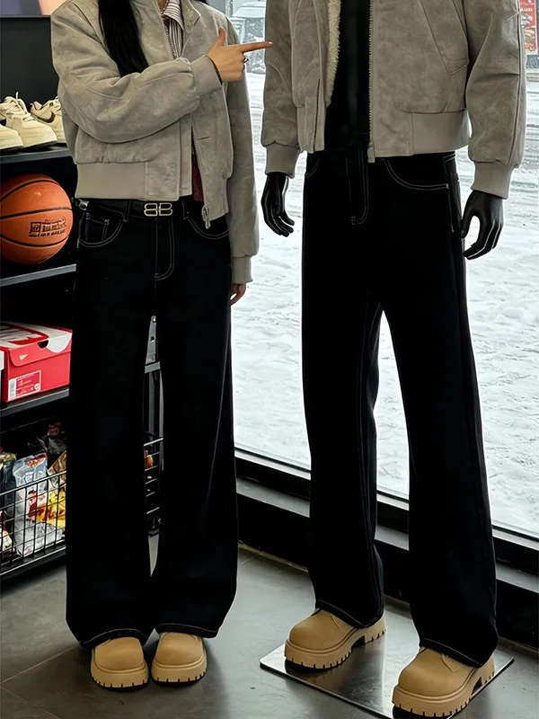 

Мужские утепленные джинсы прямого кроя с флисовой подкладкой, зимние, с высокой талией, на молнии, в американском стиле, Cleanfit, расклешенные брюки