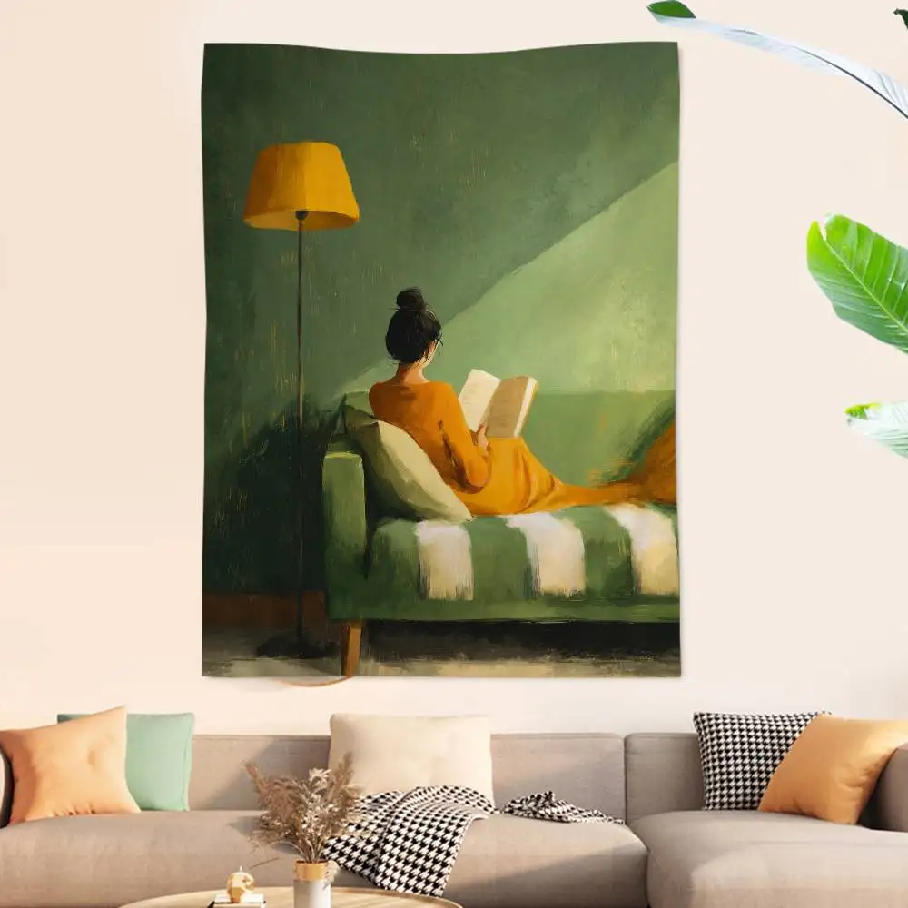 1 Minimalist Female Green Background Cartoon Tapestry Wall Hanging Decoration Household Home Decor