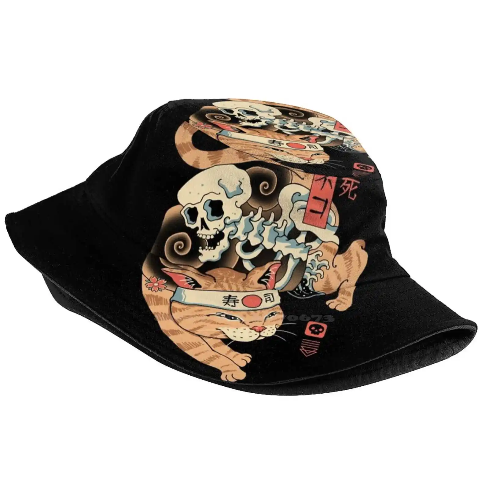 Catana Of Death Fisherman's Hat Bucket Hats Caps Cats Catana Gashado Kuro Animals Skulls Death Yokai Tattoo Japanese Art Ukiyo