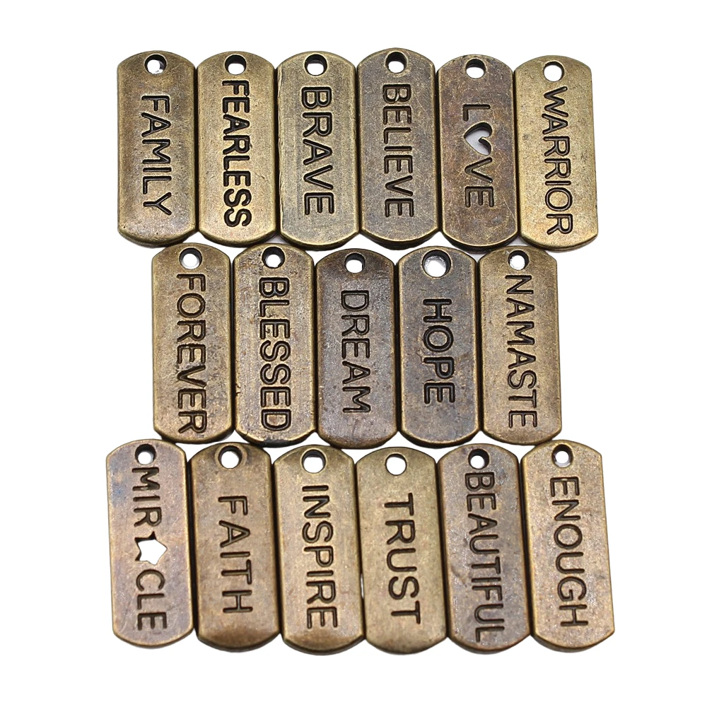 10 sztuk antyczny brąz kolor inspiruj słowa MIŁOŚĆ HOPE FAITH BLESSED TRUST DREAM BRAVE FEARLESS Charms do tworzenia biżuterii