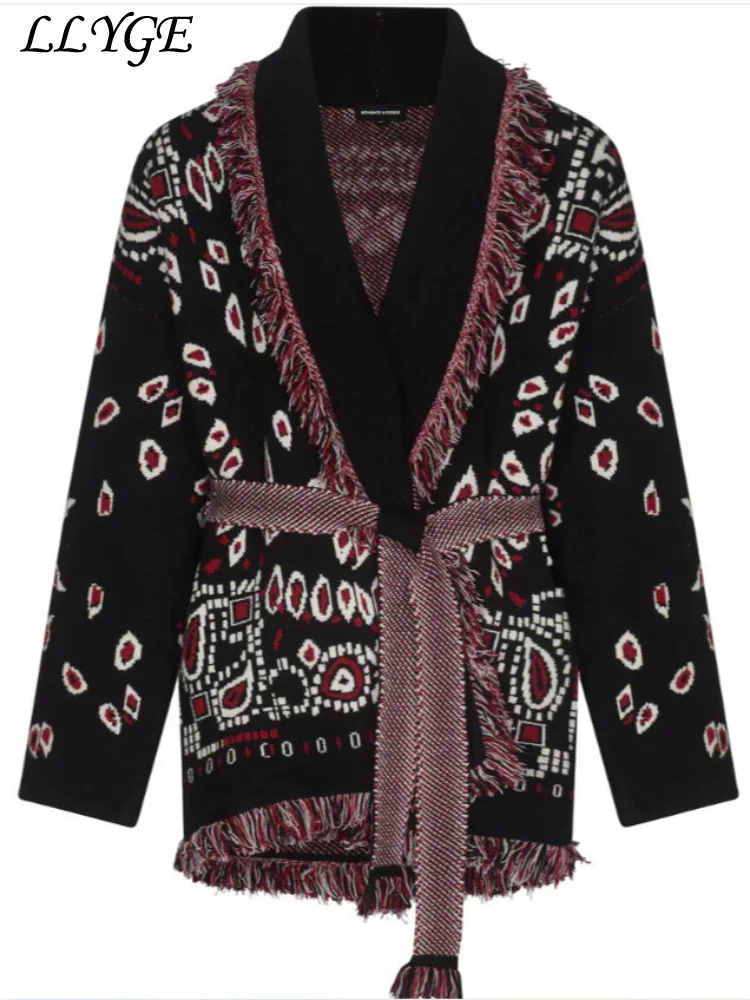 Elegant Knit Jacquard Tassel Belt Cardigan Women Lace Up Lapel Long Sleeve Warm Sweater 2026 Autumn Winter Lady Knitwears New 6 Elegant Knit Jacquard Tassel Belt Cardigan Women Lace Up Lapel Long Sleeve Warm Sweater 2026 Autumn Winter Lady Knitwears New 6