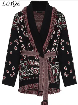 Elegant Knit Jacquard Tassel Belt Cardigan Women Lace Up Lapel Long Sleeve Warm Sweater 2026 Autumn Winter Lady Knitwears New 6 Elegant Knit Jacquard Tassel Belt Cardigan Women Lace Up Lapel Long Sleeve Warm Sweater 2026 Autumn Winter Lady Knitwears New 6