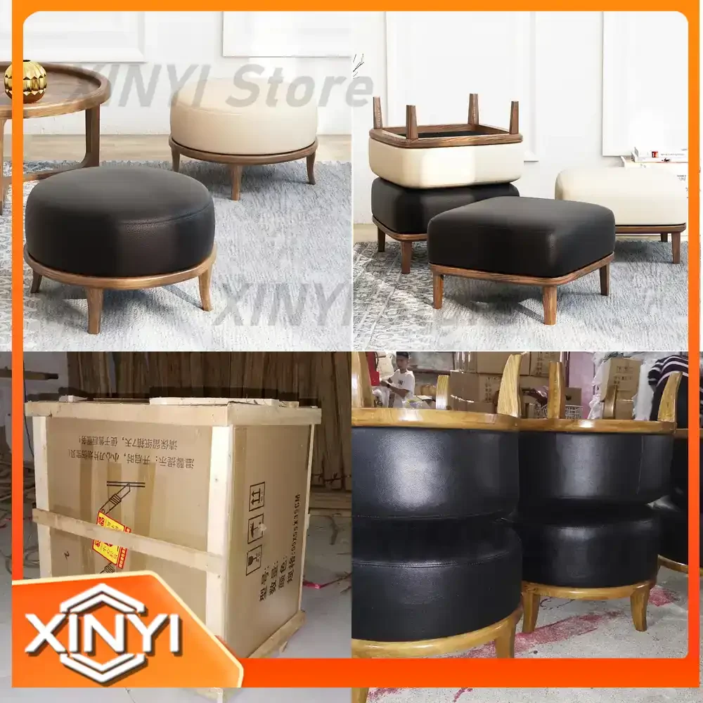 Solid Wood Shoe Bench for Nordic Style Genuine Leather Stool for Home Use Round Footstool for Sofa Bed End Ottoman Low Pouf