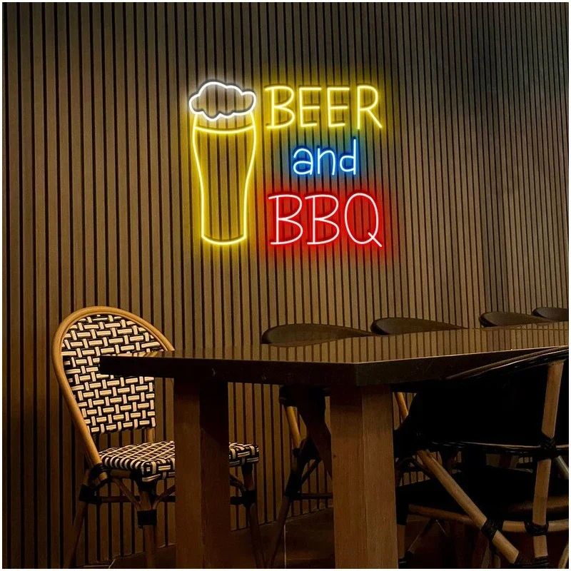 Letrero de neón de cerveza y barbacoa, luces decorativas de Bar de cóctel personalizadas, decoración de pared de tienda de Bar