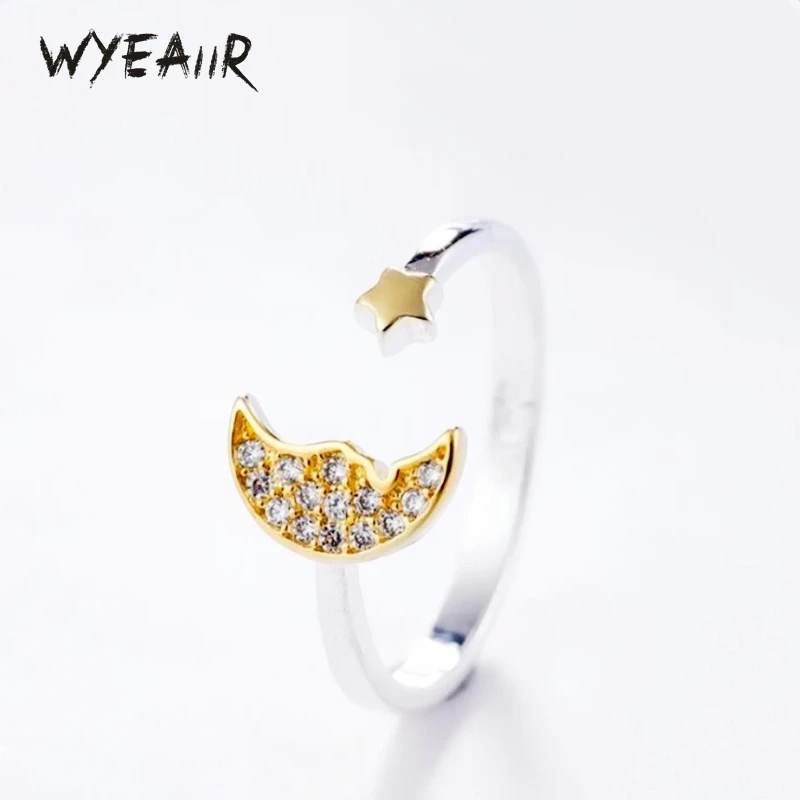 

WYEAIIR 925 Sterling Silver Zircon Cute Shiny Moon Star Fine Jewelry Luxury Resizable Opening Female Ring