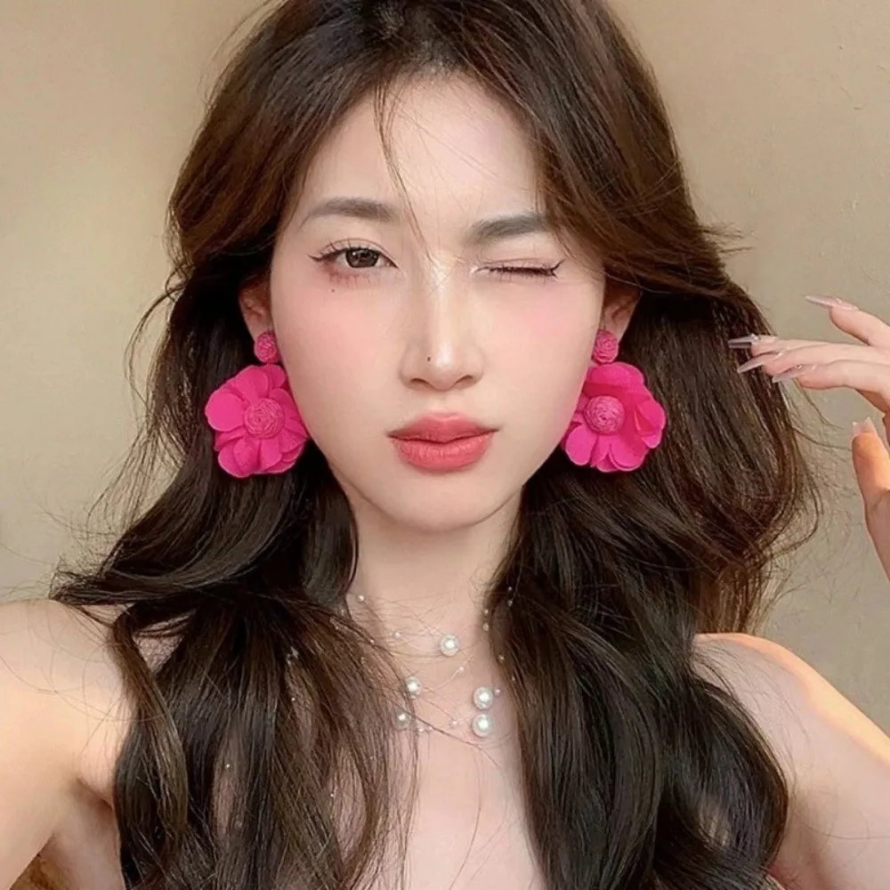 Colorful Lafite Chiffon Earrings Boho Style Handwoven Long Drop Earrings Exaggerated 3D Flower Fabric Earring Jewelry Gifts