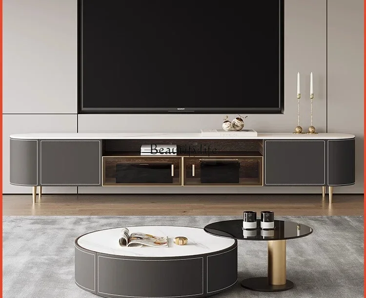 

LD6Italian-Style Light Luxury TV Cabinet Living Room Modern Minimalist Gray Saddle Leather Solid Wood Storage Floor Cabinet