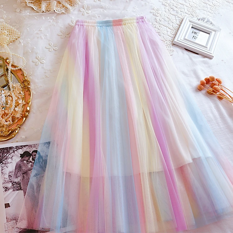 Korean gentle sense fairy elastic net gauze skirt big skirt rainbow color long skirt half-length skirt women's clothing