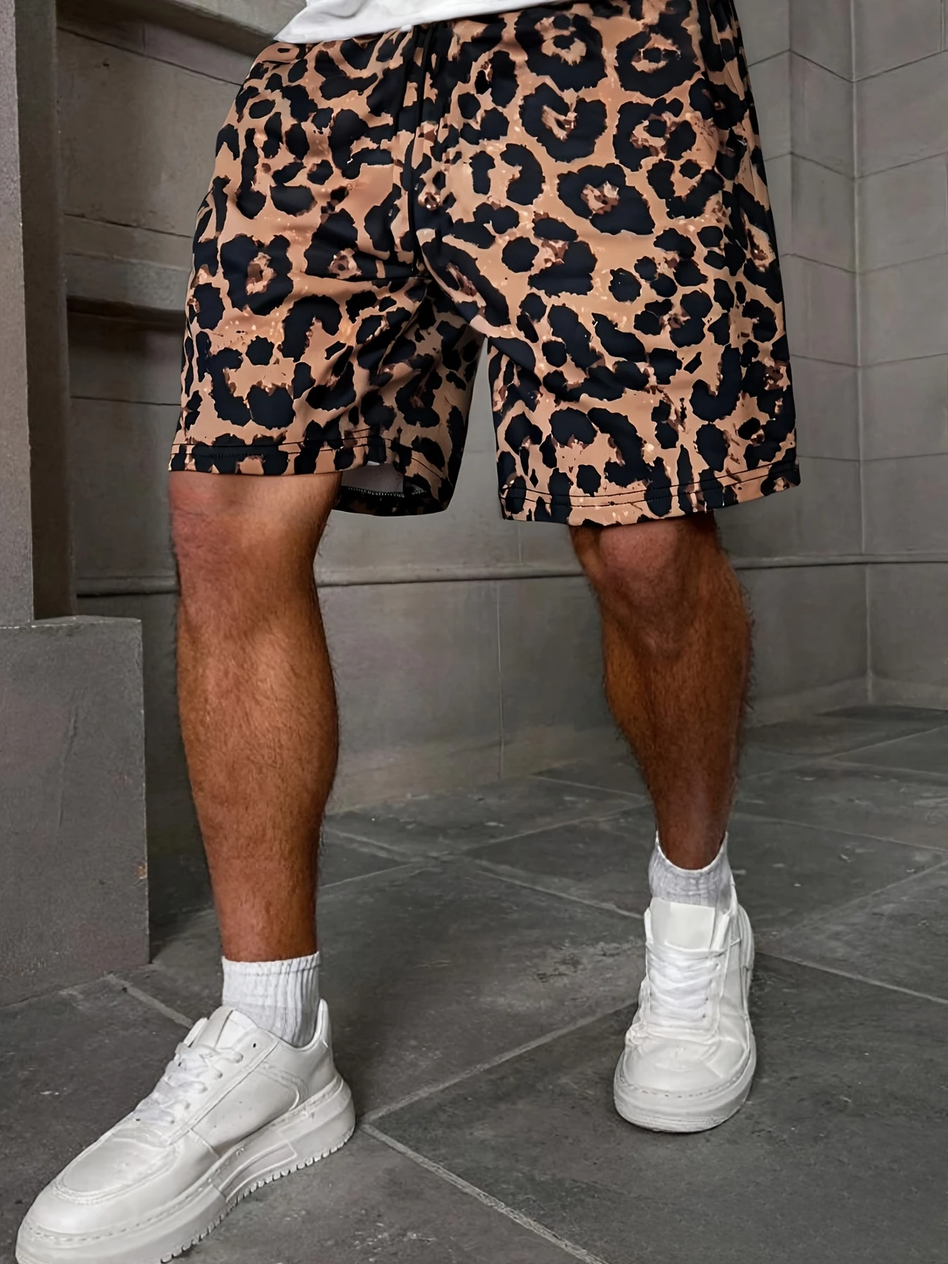

American Street Style Leopard Print Men's Casual Shorts, Summer Loose Sports Five Quarter Pants, Men's Drawstring Casual Shorts