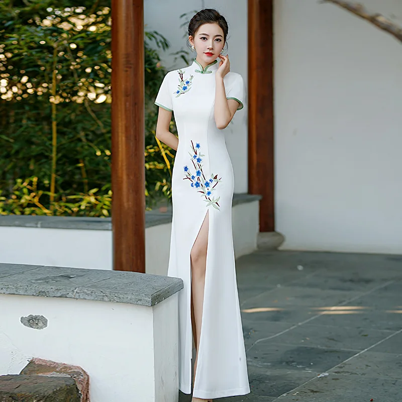 

White Improved Qipao Show New Performance Dress Elegant Stage Show Cheongsam Chinese Style Youth Dress