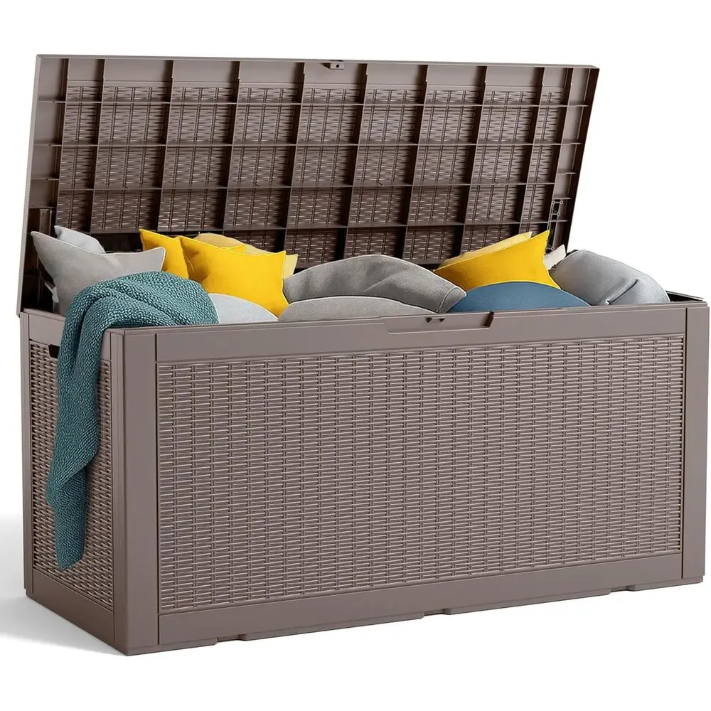 120 Gallon Lockable Outdoor Storage Box for Patio, Garden Tools, and Furniture - Grey Waterproof