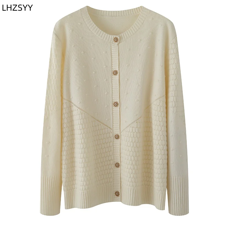 LHZSYY Spring New Pure Cashmere Cardigan Ladies High-end Polka-dot Diamond Lattice Jackets Hollow Loose Tops O-Neck Knit Shirts