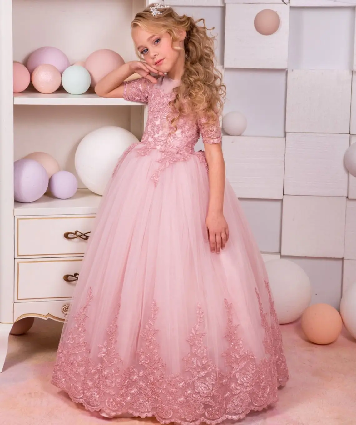 Robes à fleurs pour filles, rose poussiéreux, pour mariage, manches courtes, en dentelle, tenue de concours, de fête formelle pour enfants, robes d'anniversaire