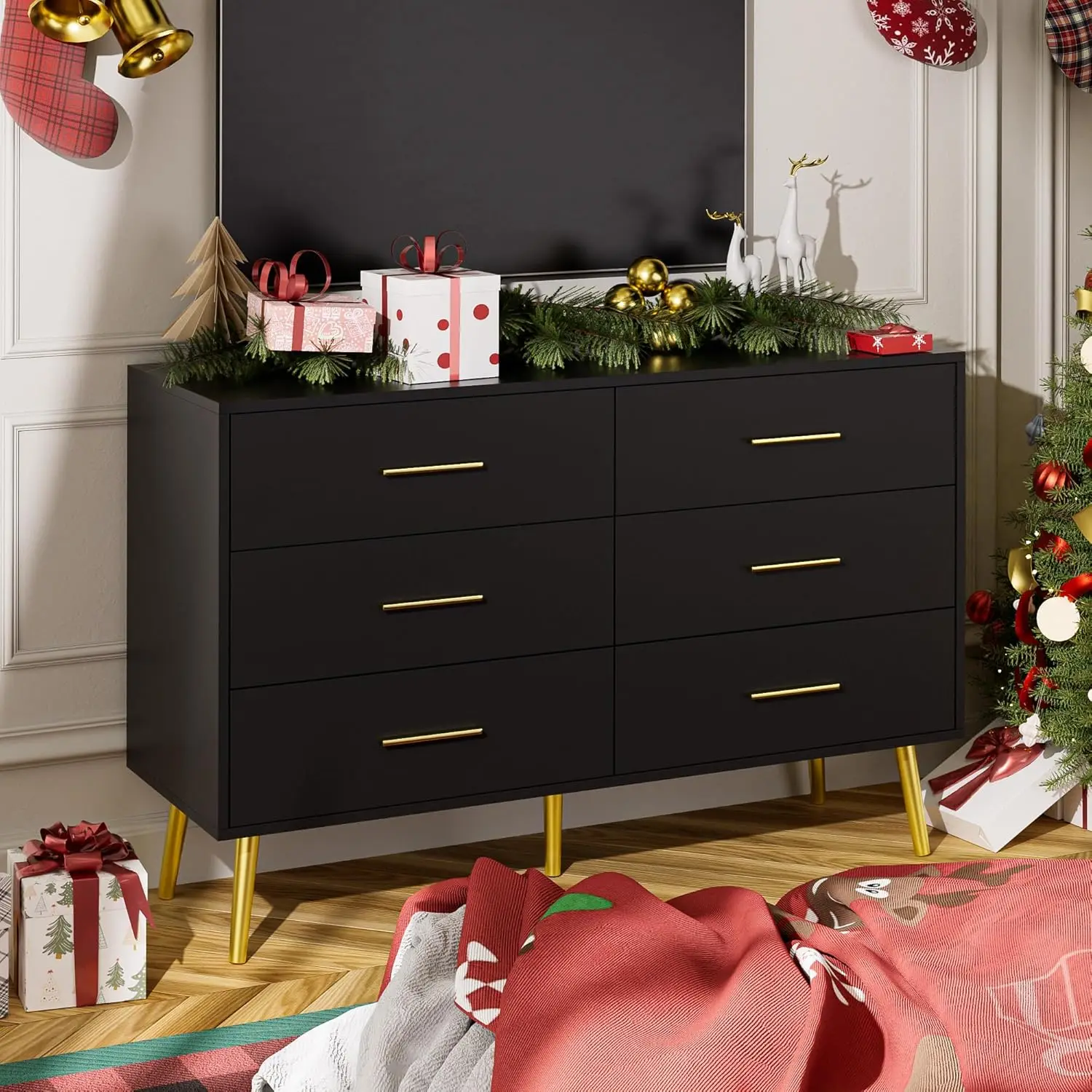 NEW Black Dresser for Bedroom 6 Drawer Wood Double Dresser with Gold Handles Modern Chest of Organizer Storage Drawers