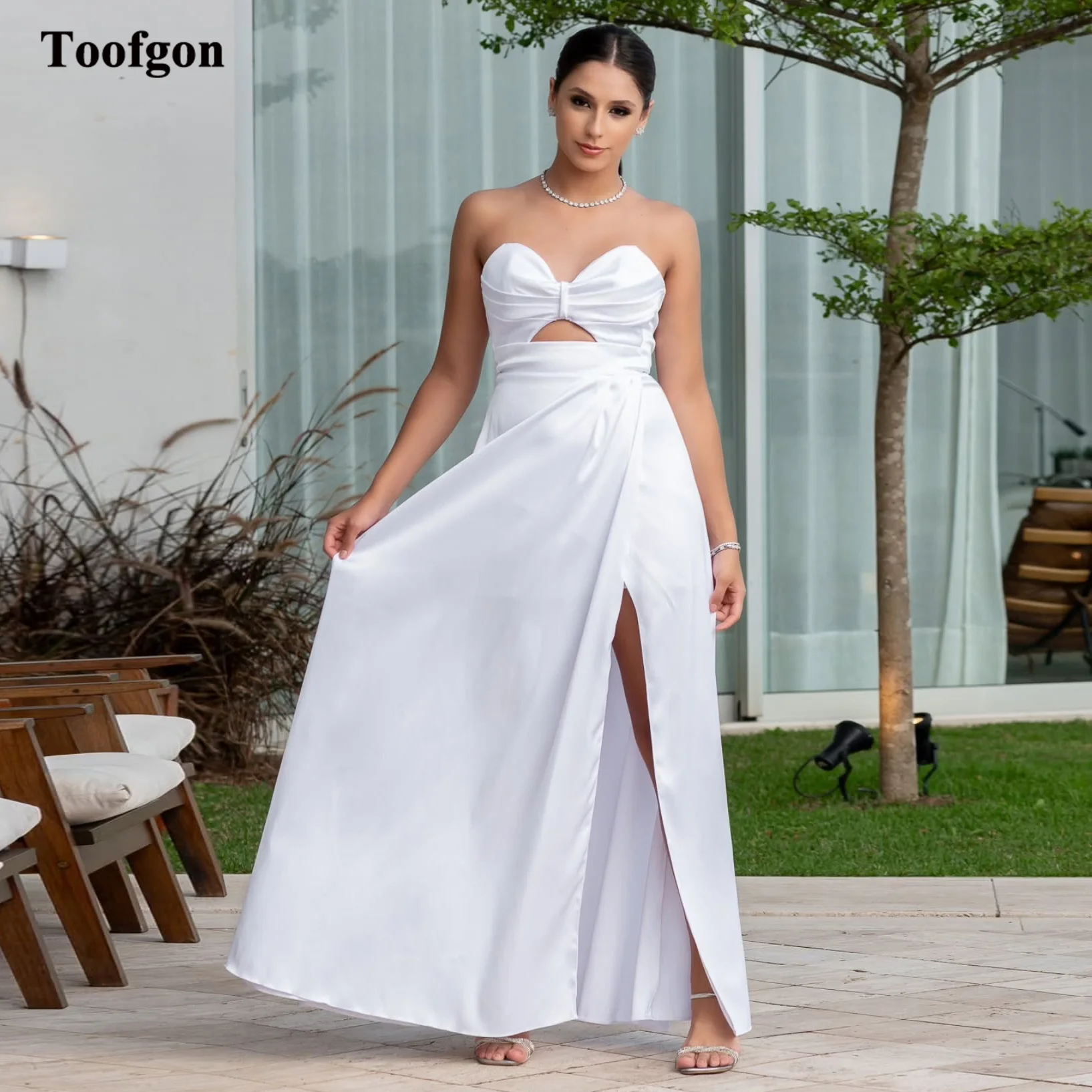 

Toofgon Simple Soft Satin Customized Bride Dresses Slit Leg Lace Up Floor Length Bridal Wedding Dresses Women Formal Party Gowns