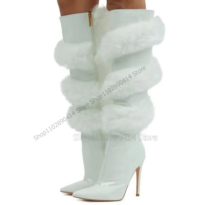 

Fur Decor Pointed Toe Boots Knee High Side Zipper Women Shoes Stilettos High Heels Novel Fashion Sexy 2023 Zapatos Para Mujere