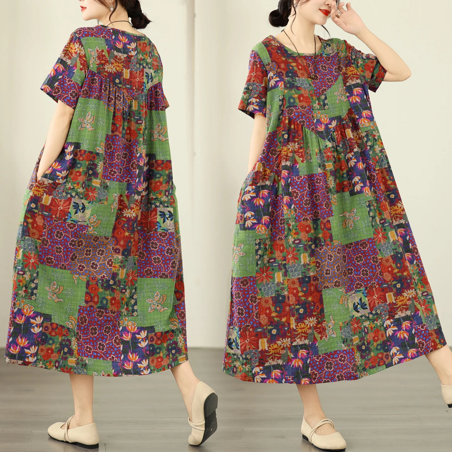 

Summer New Vintage Bamboo Fiber Loose round Neck Short Sleeve A-Line Dress Women's Slimming Dress Artistic Style Citywalk