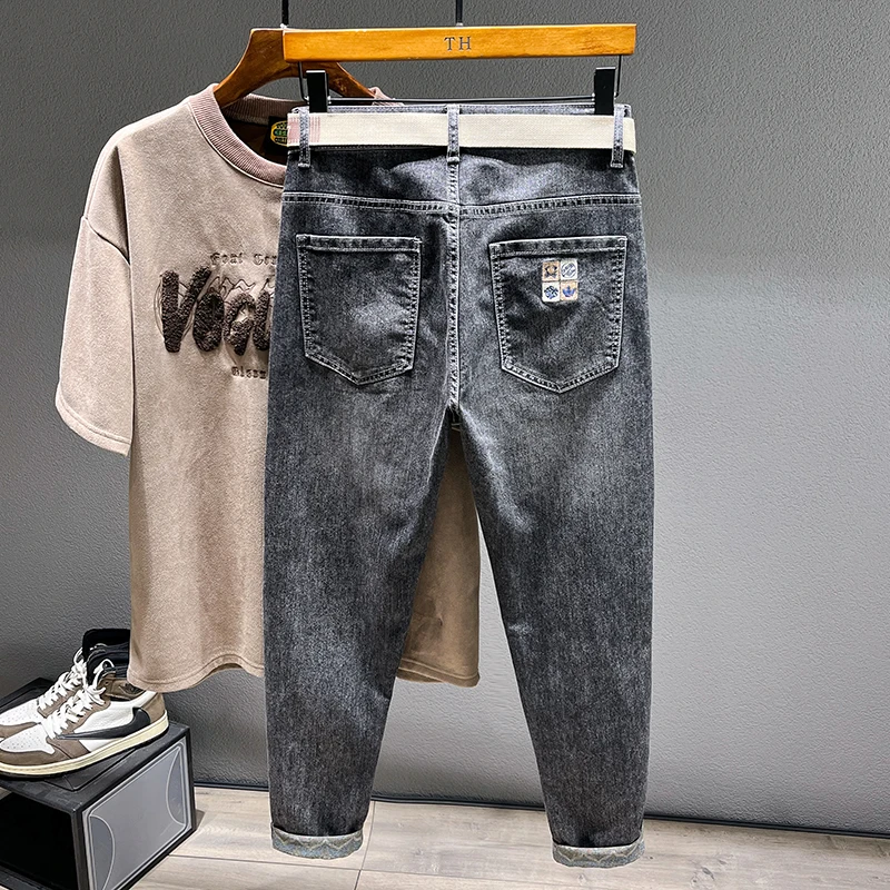 2025 Autumn Men's Stretch Jeans Fashion Tapered Slim Small Feet Ankle Harem Pants Casual Denim Trousers Streetwear Free Belt