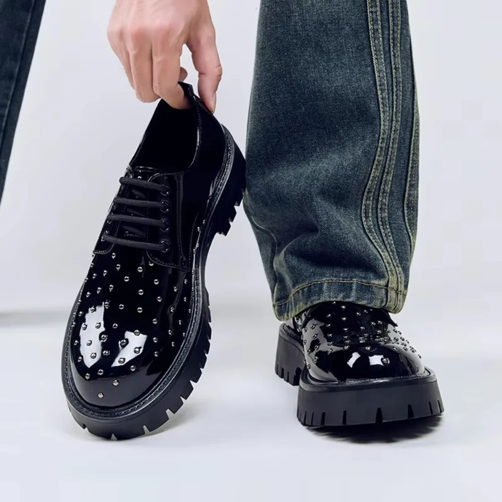Men Rivet Chunky Derby Shoes Punk Style Patent Leather Platform Oxford Shoes Height Increasing Casual Dress Shoes for Men Black