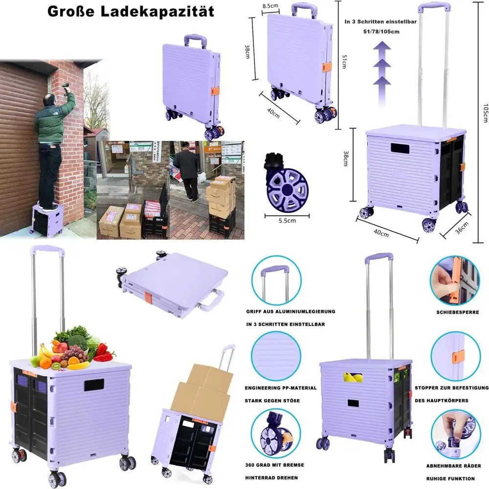 

Портативная складная тележка с крышкой, 360° ° Вращающиеся колеса для покупок, хранения и офисного использования (фиолетовые)