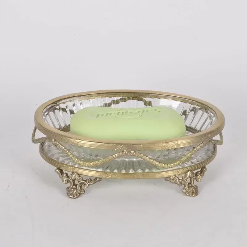 Brass Glass Handmade Soap Box, European Vintage Luxury Soap Holder, Decorative Carved Bathroom Tray, Palace-Style Soap Dish