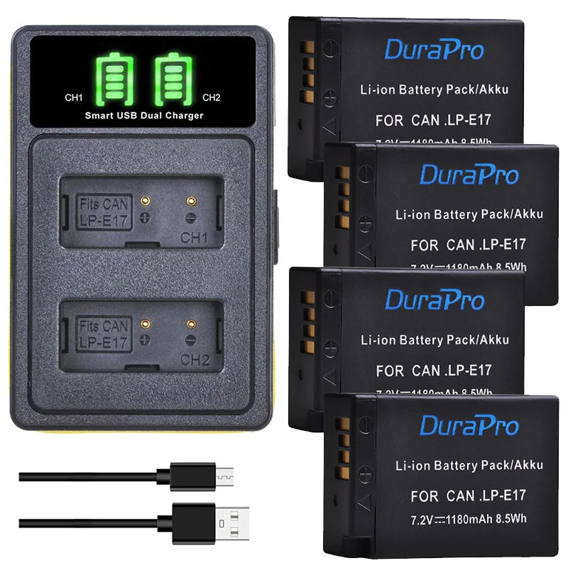 DuraPro 1180mAh LP E17 LP-E17 Camera Battery + LED USB Dual Charger for canon EOS Rebel T6i 750D T6s 760D M3 8000D Kiss X8i