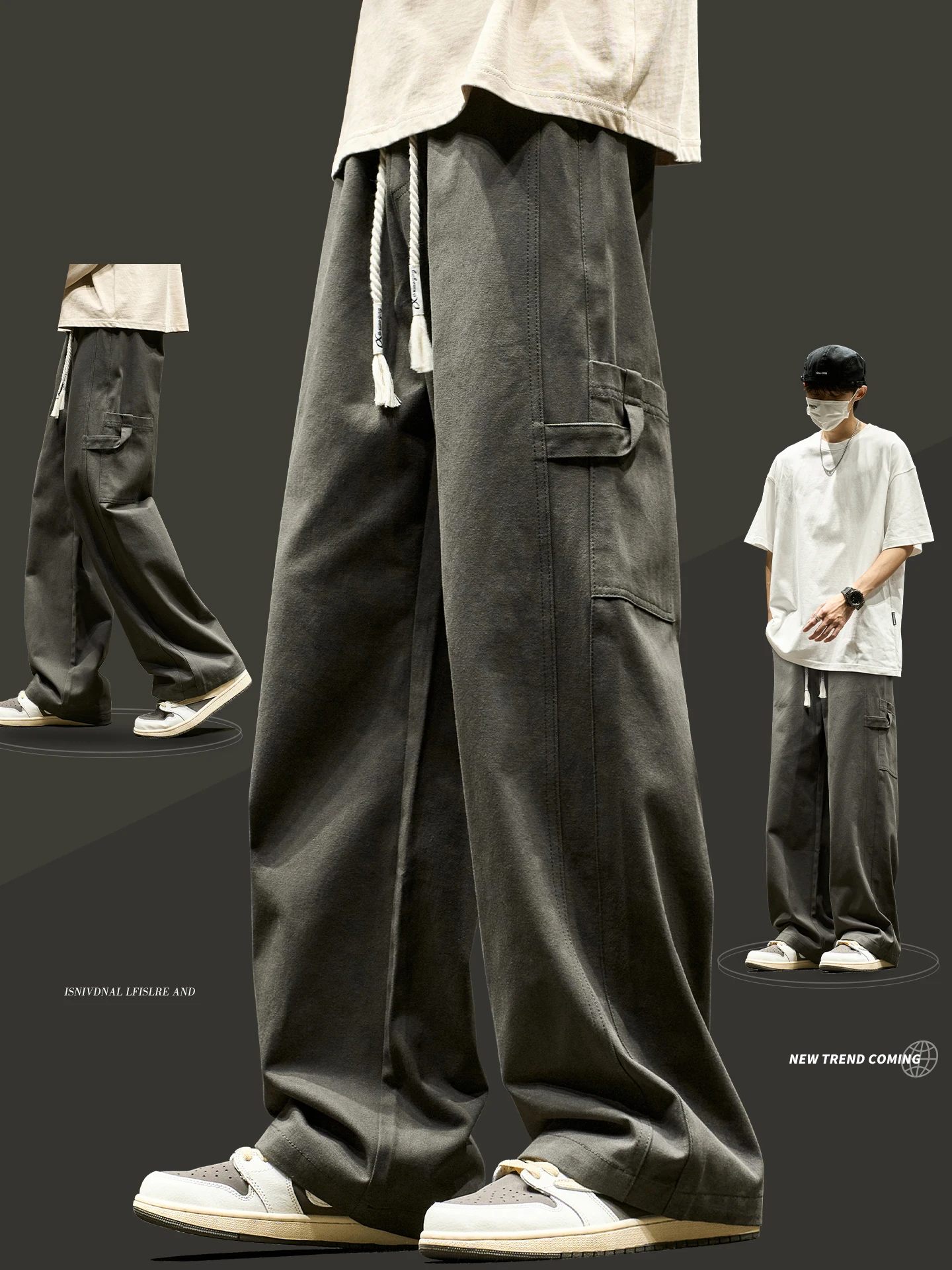 

Retro Waed Pure Cotton Workwear Pants Men's Loose Straight Leg Casual Summer Design Cleanfit Trendy Elastic Waisand