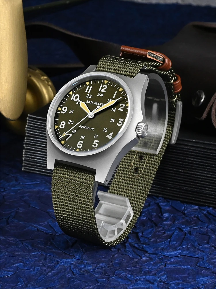 San Martin Pilot Watch 38mm NH35 Retro Military Automatic Mechanical Wristwatch Bead Blasted Case Waterproof 100m Lum SN0137G