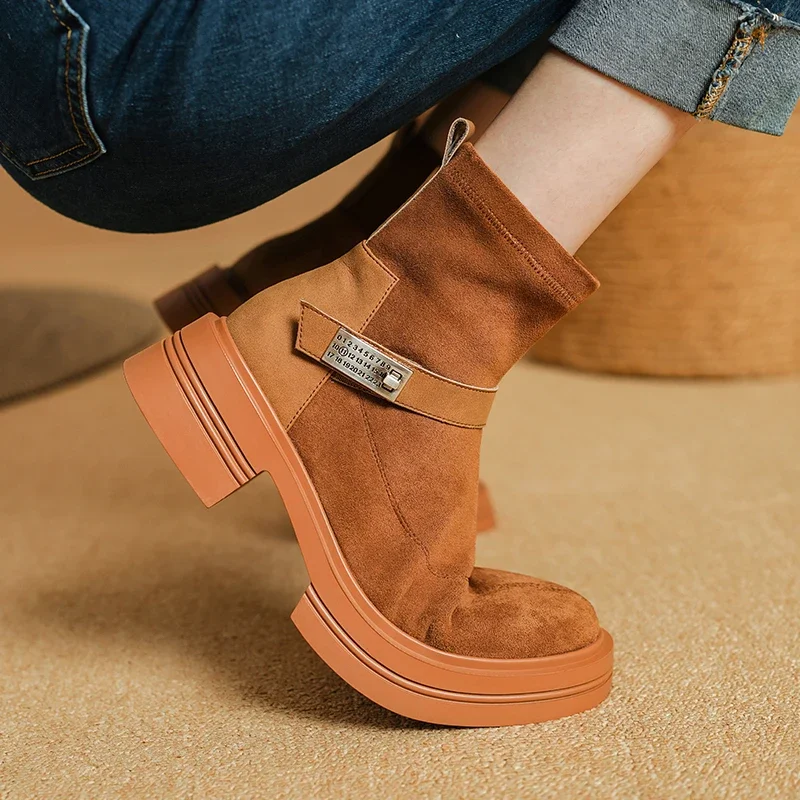 Spring and Autumn Solid Color Elastic Velvet Round Head Metal Decoration One-step Comfortable Thick Sole Versatile Women's Boots