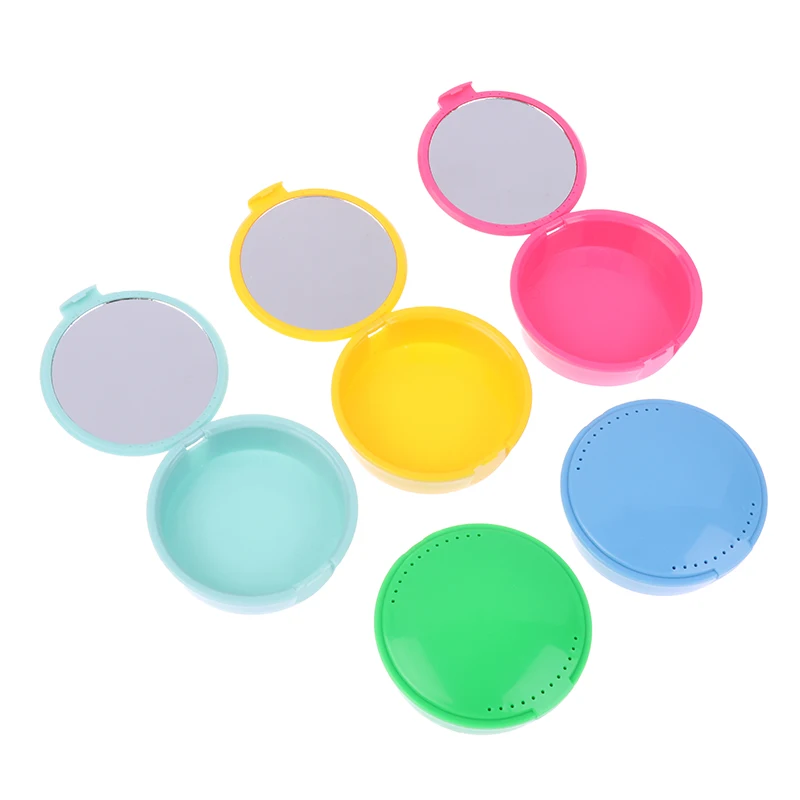 صندوق تخزين طقم الأسنان دائري مع مرآة صندوق نظافة الأسنان لتقويم الأسنان حاوية حماية الفم العناية بأطقم الأسنان