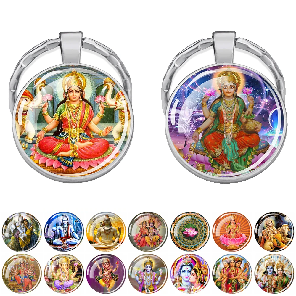 Hinduism Keychains Ganesha Vishnu Goddess of Kashmi Wealth Shiva Amulet Key Chain Glass Dome Keyring India Buddhism Jewelry Gift