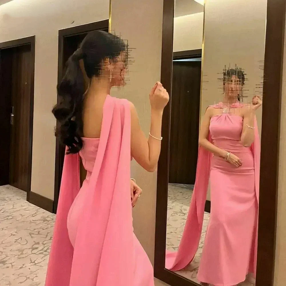 

Pink Mermaid With Shawl Sleeve Evening Dresses Halter Women Party Dresses Arabic Formal Prom Gowns Vestidos De Noche 2023