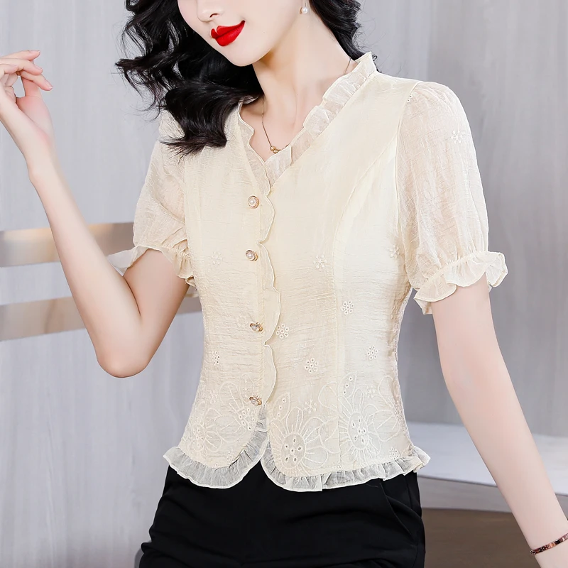 2025 Summer New Sweet Blouse Women V-neck Lace Splicing Short Sleeve Shirt Slim Breasted Shirt for Women Elegant Female Clothing