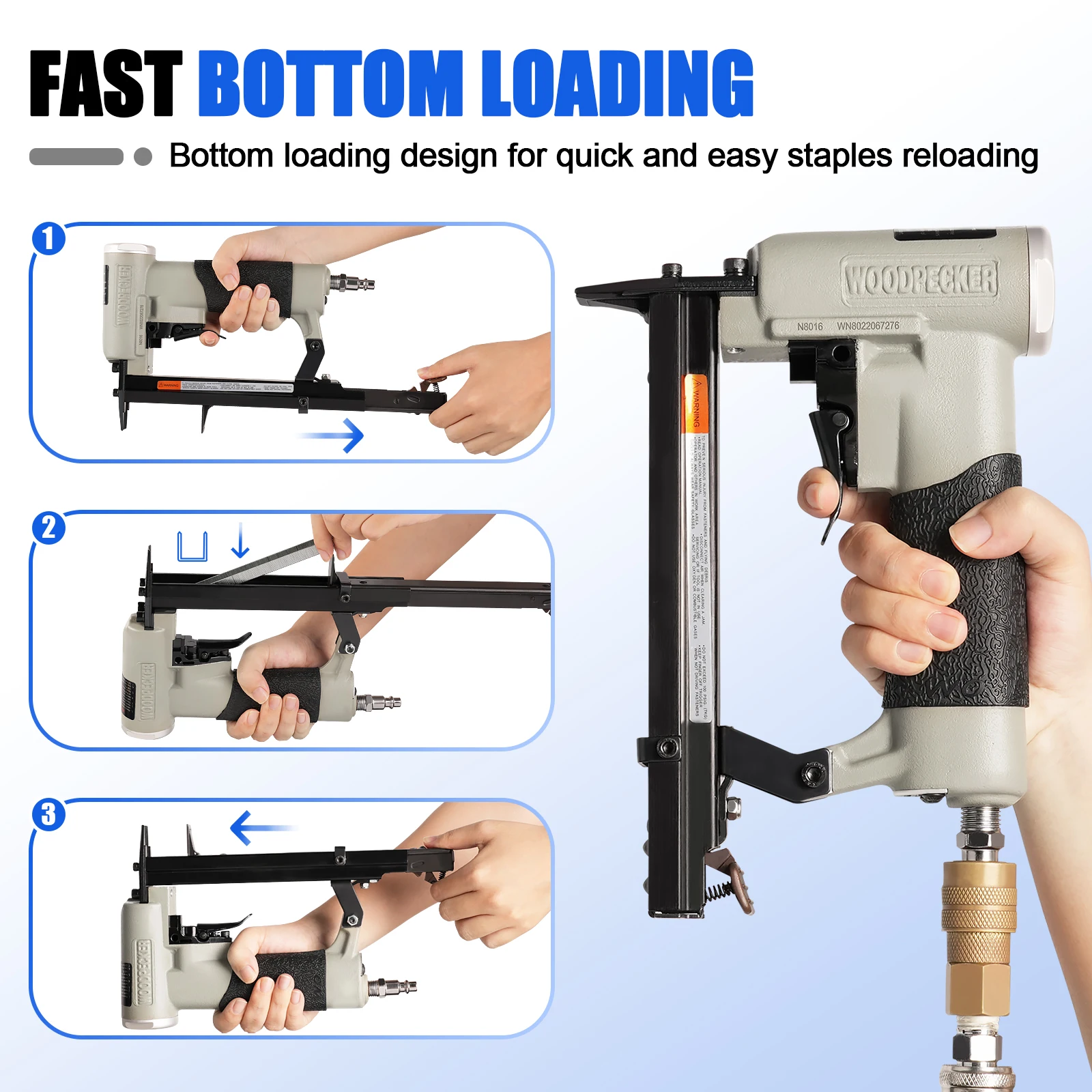 WOODPECKER N8016 21 Gauge Pneumatic Upholstery Stapler Power Tool, 12.8mm Crown 6-16mm Length Fine Wire Staples, for Woodworking